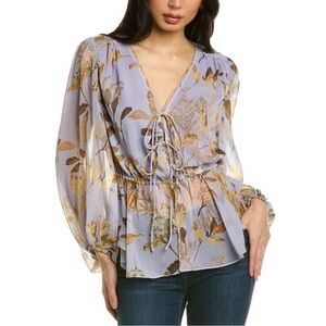 Ted Baker Purple Harpier Floral Tie Front Blouse Top Blouson Puff Sleeve Boho 6